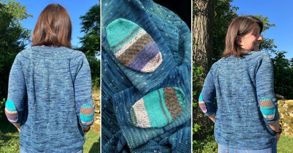 Trois images qui montrent des patchs de coudes tricotés sur un gilet porté par l'autrice.